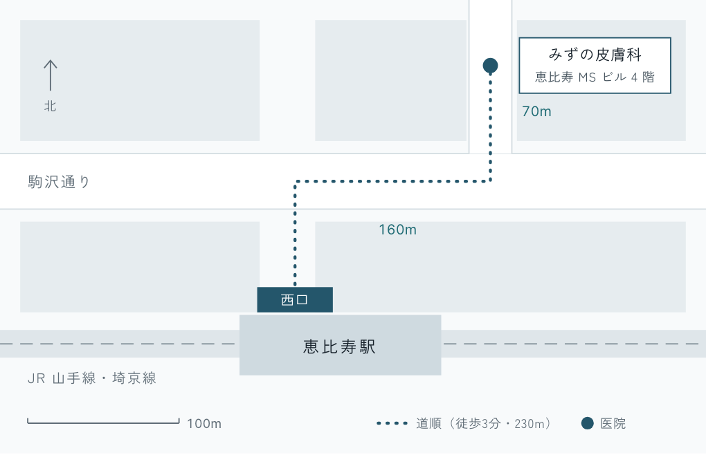 恵比寿駅 西口から みずの皮膚科までの道（概略図・見本）。西口を出て駒沢通りを右へ160m、二つ目の角を左に曲がって70m、右側のビルの4階。縮尺 100m、道順は徒歩3分・230m